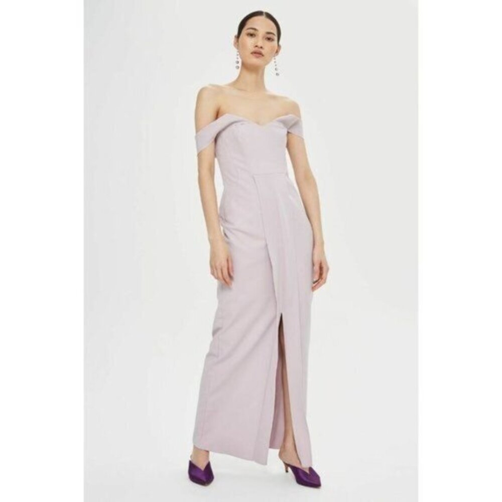 TOPSHOP Lavender Off the Shoulder Bandeau Front Slit Formal Dress SZ 4 NEW